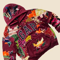 Image 3 of REWORKED GAP INDONESIAN BATIK PATCHWORK BURGUNDY HOODIE SIZE XL