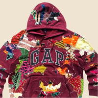 Image 5 of REWORKED GAP INDONESIAN BATIK PATCHWORK BURGUNDY HOODIE SIZE XL