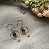 Image 2 of Smoky Quartz White Freshwater Pearl Hoop 14k Gold Fill Earrings