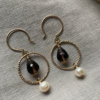 Image 3 of Smoky Quartz White Freshwater Pearl Hoop 14k Gold Fill Earrings