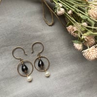 Image 1 of Smoky Quartz White Freshwater Pearl Hoop 14k Gold Fill Earrings