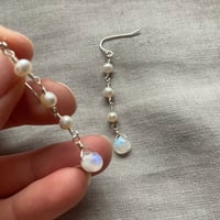 Image 3 of Rainbow Moonstone Freshwater Pearl Long White Sterling Silver Earrings