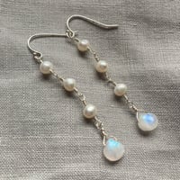 Image 2 of Rainbow Moonstone Freshwater Pearl Long White Sterling Silver Earrings