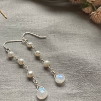 Image 4 of Rainbow Moonstone Freshwater Pearl Long White Sterling Silver Earrings