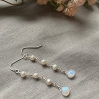 Image 1 of Rainbow Moonstone Freshwater Pearl Long White Sterling Silver Earrings