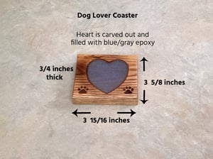 Image of One Wooden Oak Dog Lover Coaster with paw prints in each corner, heart filled with Epoxy