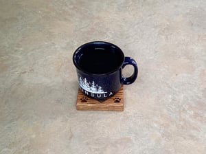Image of One Wooden Oak Dog Lover Coaster with paw prints in each corner, heart filled with Epoxy