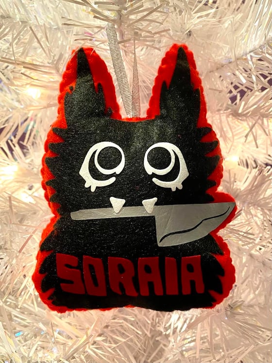 Image of 2024 SORAIA ORNAMENTS: (ONE PAIR LEFT!) Murder Cat + Eerie-descent Tambourine (Shed The Skin logo)