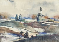 Image 2 of Windmill Watercolor In Winter Landscape Fields