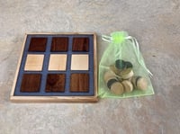 Image 1 of Wooden Maple and Dark Walnut Trivet with a Tic-Tac-Toe game Checkerboard and pieces, Epoxy filled