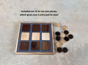 Image of Wooden Maple and Dark Walnut Trivet with a Tic-Tac-Toe game Checkerboard and pieces, Epoxy filled