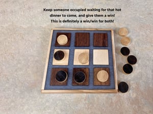 Image of Wooden Maple and Dark Walnut Trivet with a Tic-Tac-Toe game Checkerboard and pieces, Epoxy filled