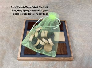 Image of Wooden Maple and Dark Walnut Trivet with a Tic-Tac-Toe game Checkerboard and pieces, Epoxy filled