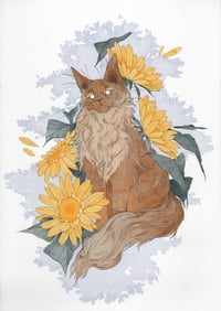 Image 1 of Chat et tournesols - Bleu A4/A3 