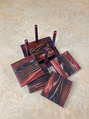 Image of Pine Coaster Set with holder, Phrolysis or Shou Sugi Ban Method, Wedding Gift, Unique Gift