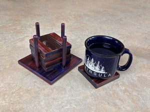 Image of Pine Coaster Set with holder, Phrolysis or Shou Sugi Ban Method, Wedding Gift, Unique Gift
