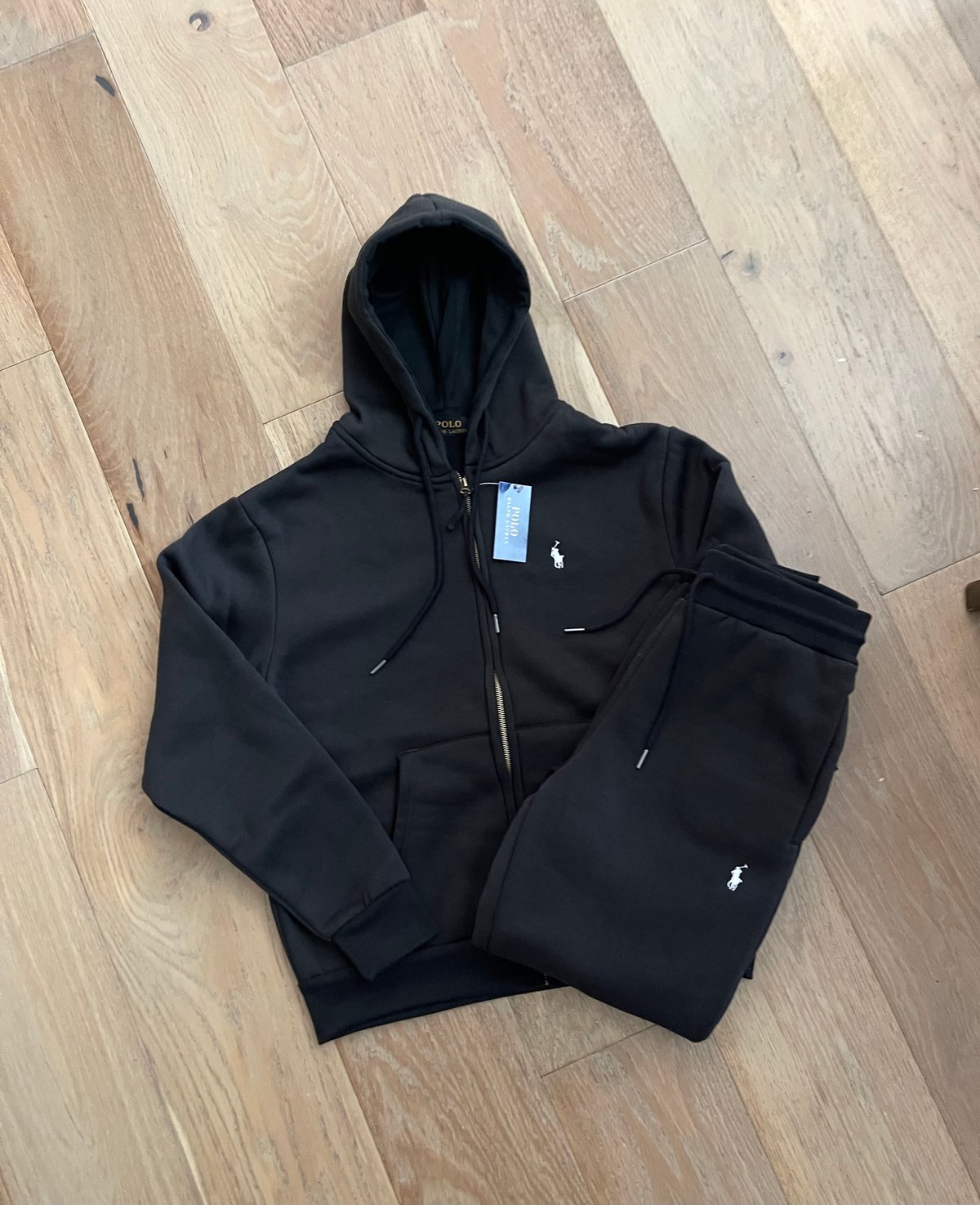 Men’s Black Polo Zip Up Hoodie Sweatpants Set