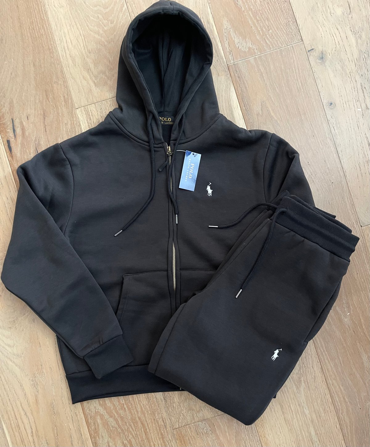 Men’s Black Polo Zip Up Hoodie Sweatpants Set