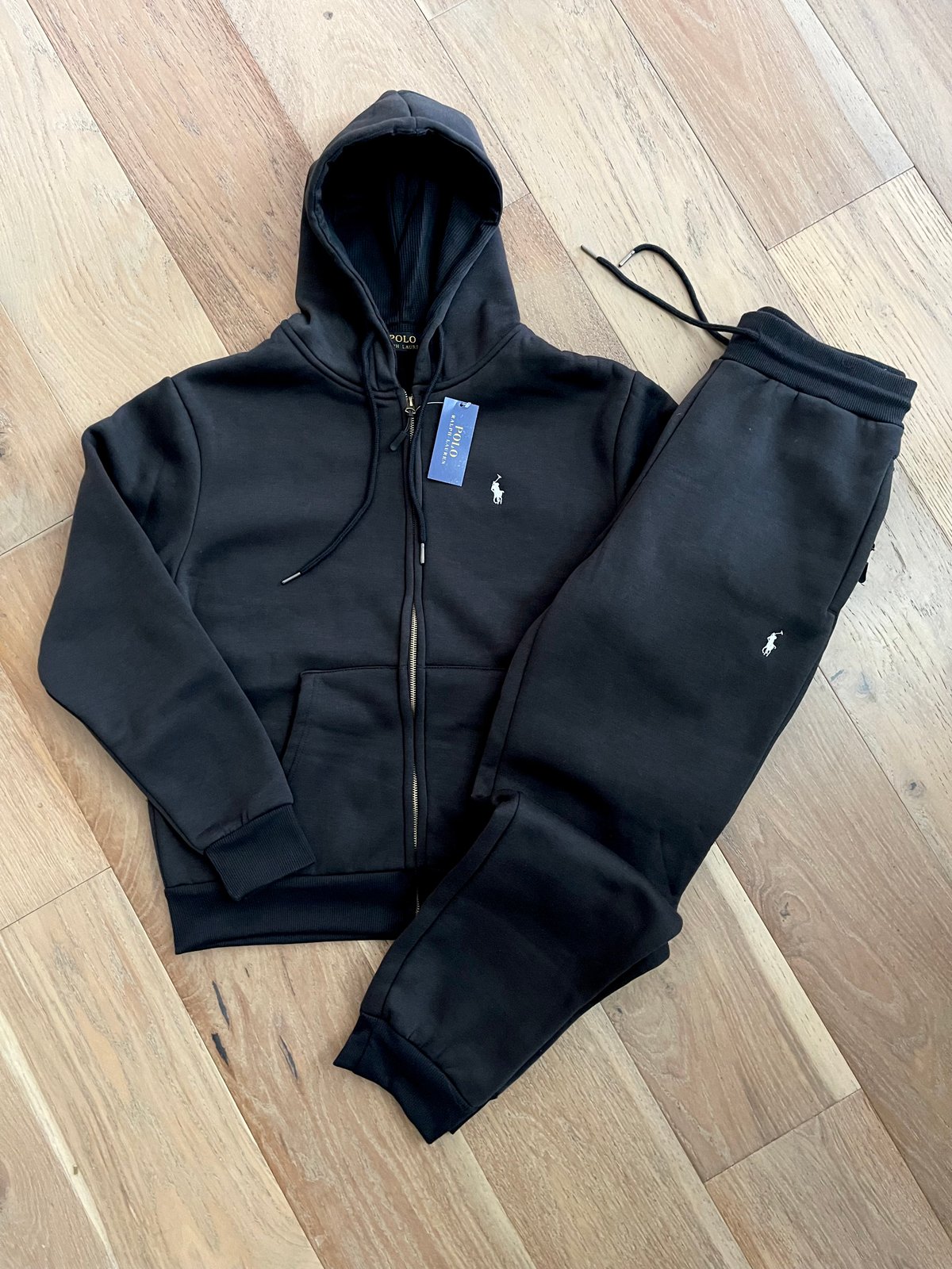 Men’s Black Polo Zip Up Hoodie Sweatpants Set