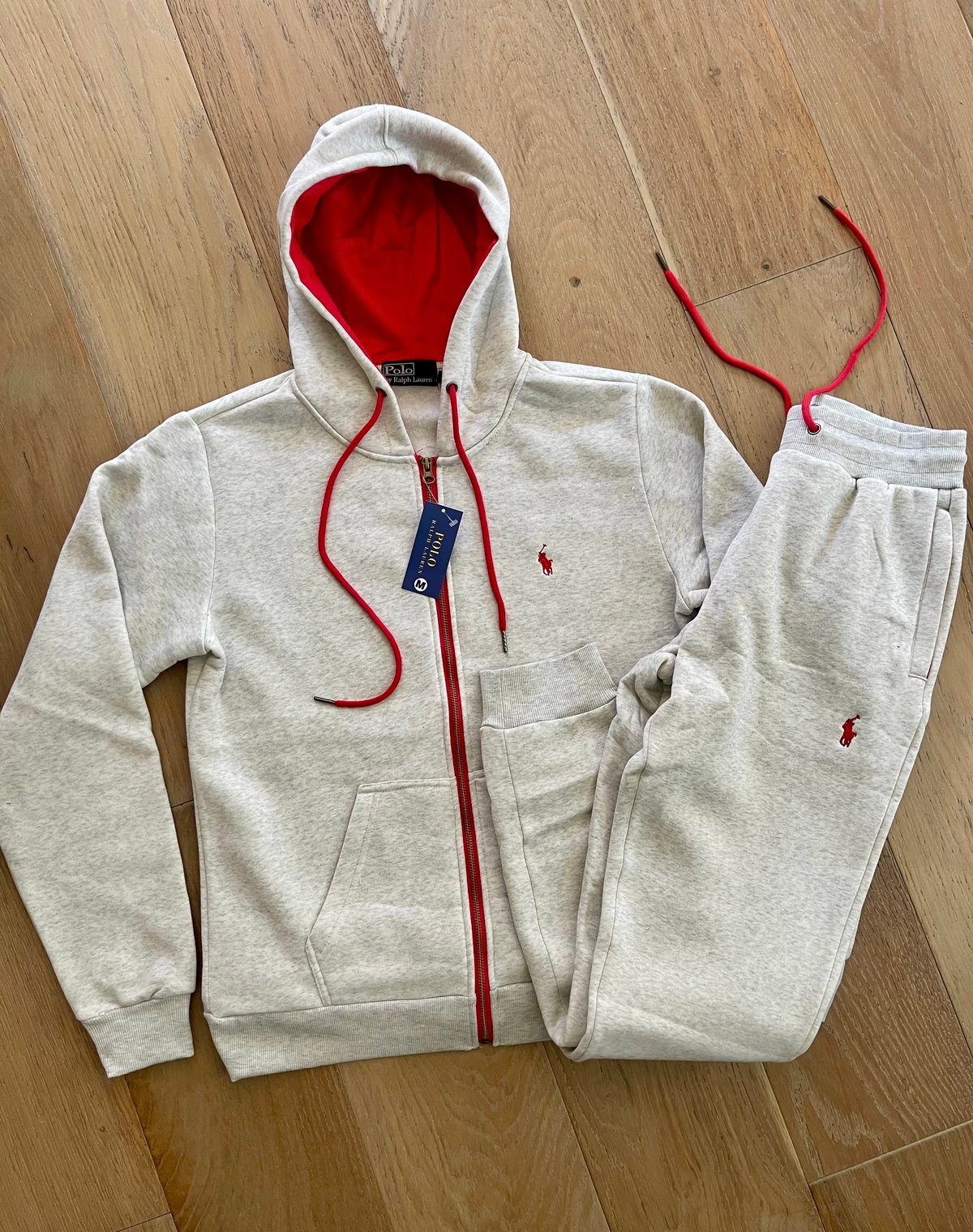 Men’s Grey/Red Polo Zip Up Hoodie Sweatpants Set