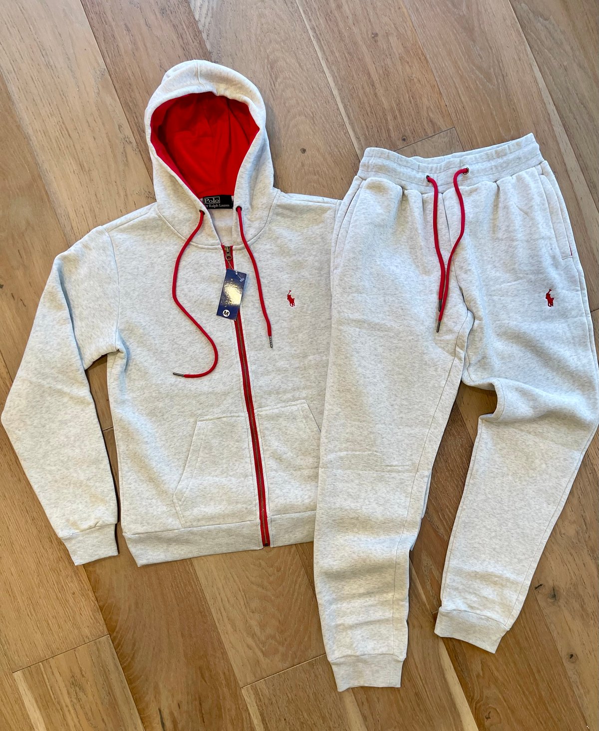 Men’s Grey/Red Polo Zip Up Hoodie Sweatpants Set