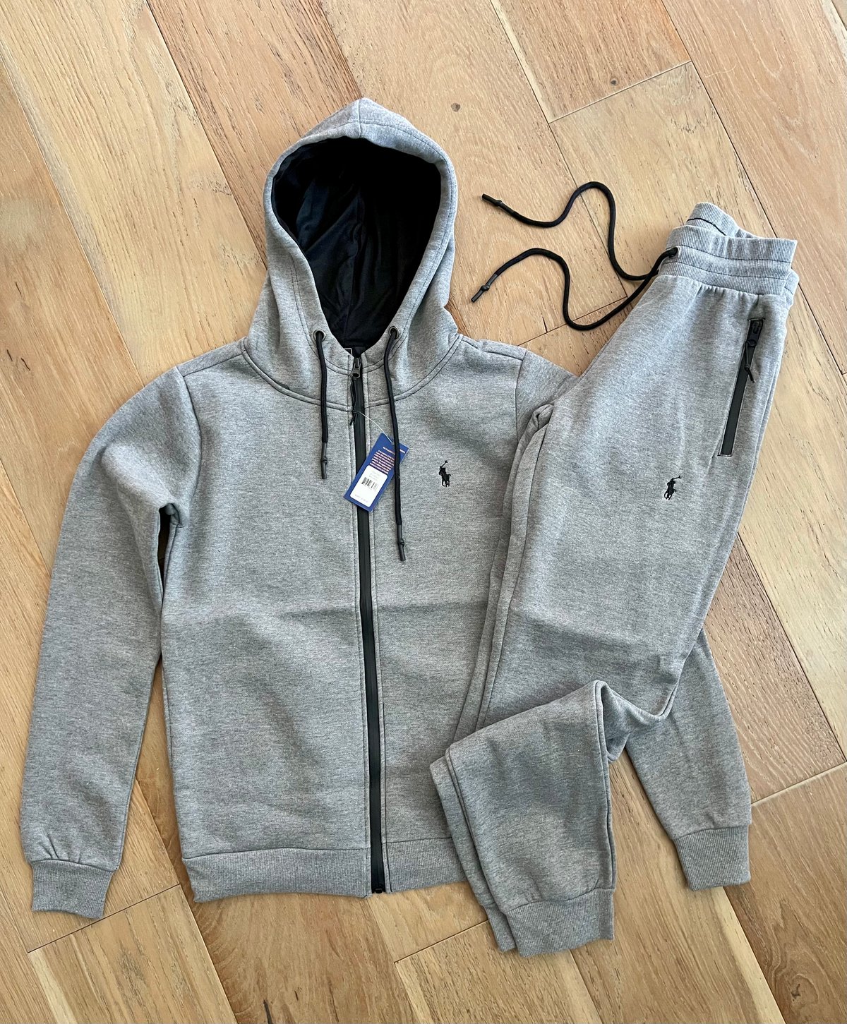 Men’s Grey Polo Zip Up Hoodie Sweatpants Set