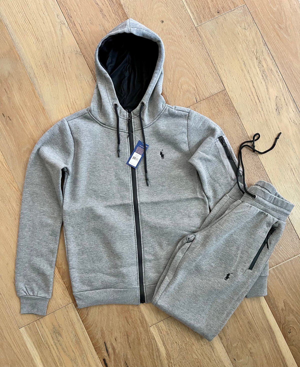 Men’s Grey Polo Zip Up Hoodie Sweatpants Set