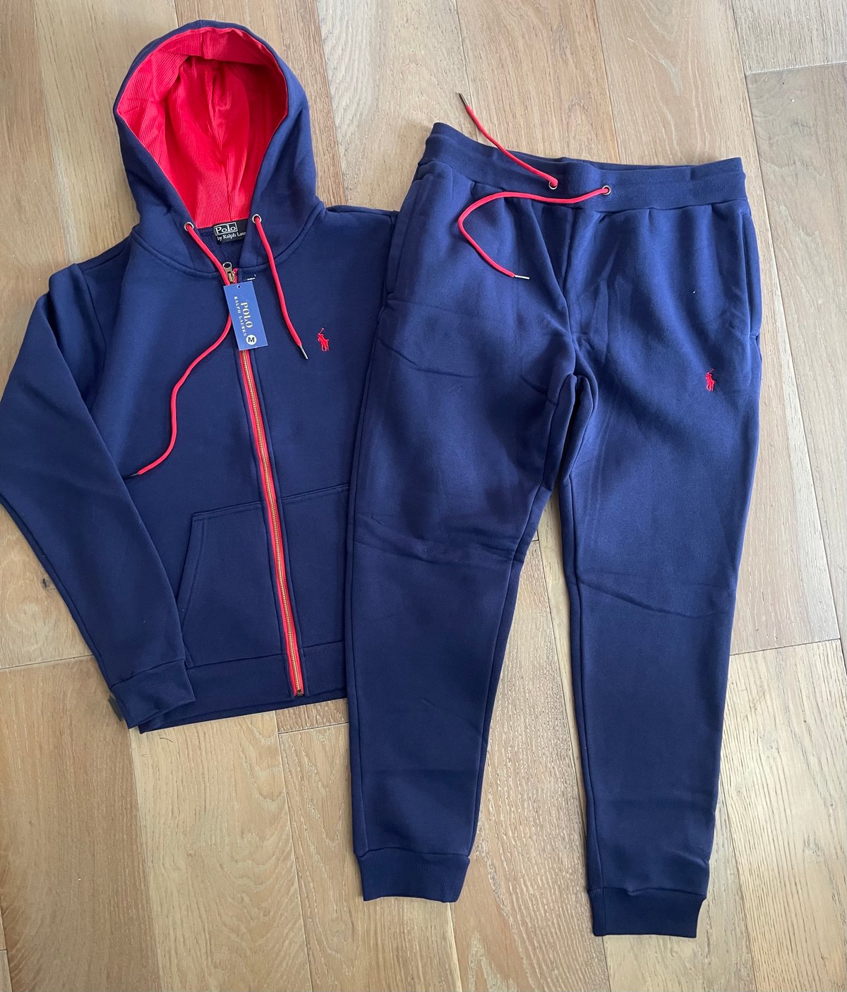 Men’s Navy/Red Polo Zip Up Hoodie Sweatpants Set
