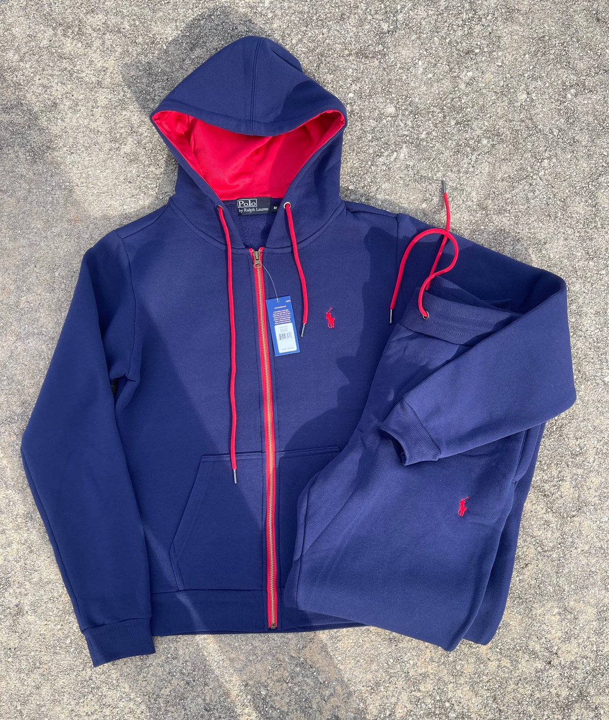Men’s Navy/Red Polo Zip Up Hoodie Sweatpants Set