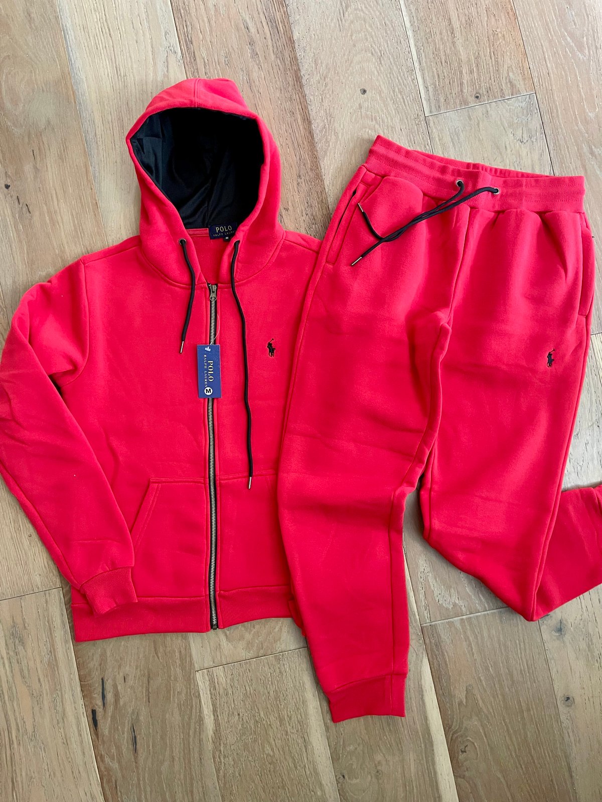 Men’s Solid Red Polo Zip Up Hoodie Sweatpants Set