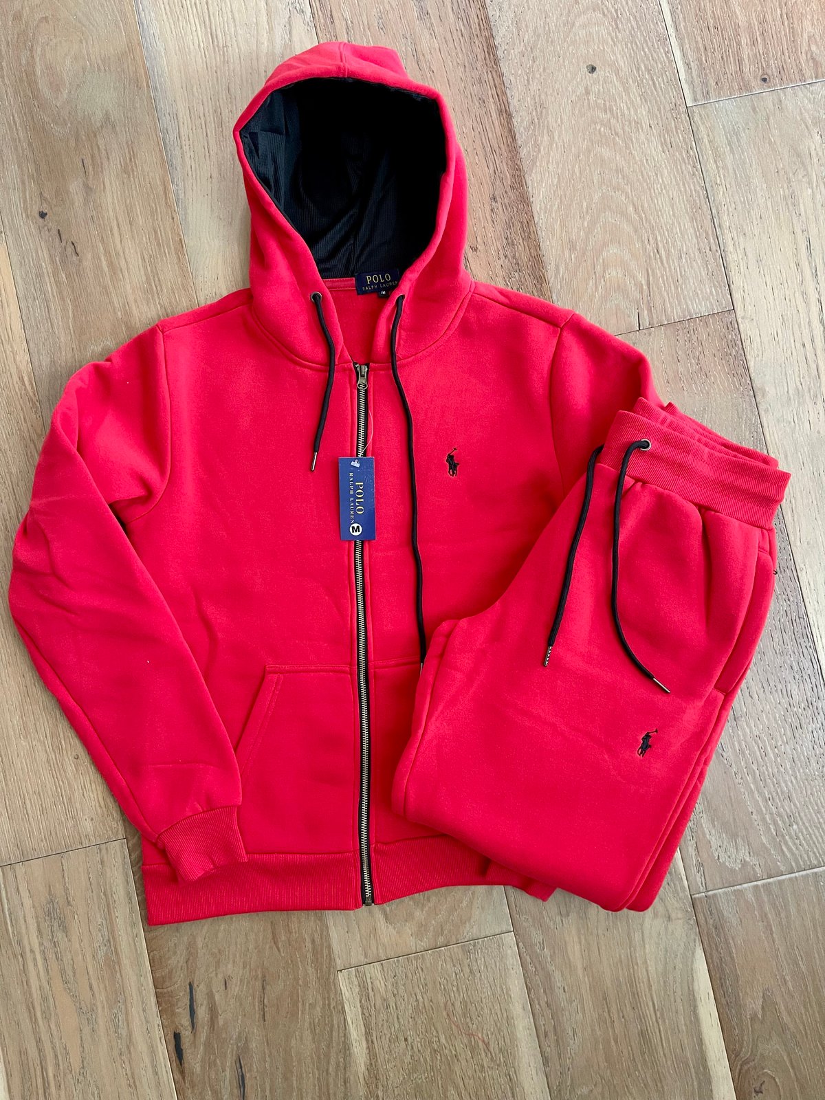 Men’s Solid Red Polo Zip Up Hoodie Sweatpants Set