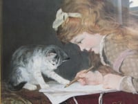 Image 5 of The Artist's Assistant (detail) by Marie Sophie Goerlich 1800s, Girl & Cat, Vintage Art Print Framed