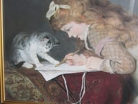 Image 3 of The Artist's Assistant (detail) by Marie Sophie Goerlich 1800s, Girl & Cat, Vintage Art Print Framed