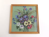 Image 1 of Vintage Needlework of Country Flowers Violas Poppies c. 1970s, Framed Size 13 1/8 x 12 6/10 ins 
