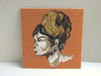 Image 2 of Vintage Needlework Wall Hanging Panel, Woman in Headdress, c. 1970s Textile Art, ~ 15 x 15 inches