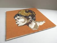 Image 3 of Vintage Needlework Wall Hanging Panel, Woman in Headdress, c. 1970s Textile Art, ~ 15 x 15 inches