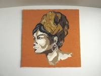 Image 1 of Vintage Needlework Wall Hanging Panel, Woman in Headdress, c. 1970s Textile Art, ~ 15 x 15 inches