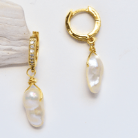 Image 1 of Baroque Pearl and Gold Pave Mini Hoop Earrings