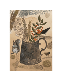 Giclee print Pewter mug and winter squirrel by Jo Aylward