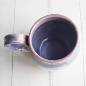 Image of Purple and White Pottery Mug with Warming Lid, Dripping Glazes, 14 Ounce Ceramic Mug, Made in USA