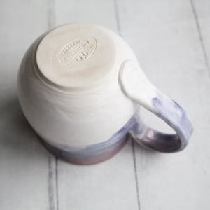 Image of Purple and White Pottery Mug with Warming Lid, Dripping Glazes, 14 Ounce Ceramic Mug, Made in USA