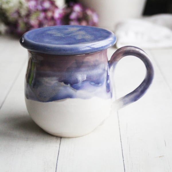 Image of Purple and White Pottery Mug with Warming Lid, Dripping Glazes, 14 Ounce Ceramic Mug, Made in USA