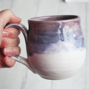 Image of Purple and White Pottery Mug with Warming Lid, Dripping Glazes, 14 Ounce Ceramic Mug, Made in USA