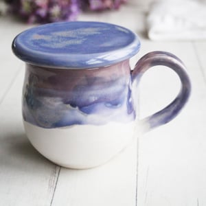 Image of Purple and White Pottery Mug with Warming Lid, Dripping Glazes, 14 Ounce Ceramic Mug, Made in USA