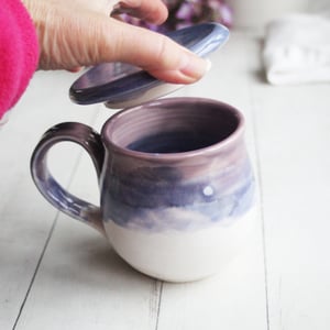 Image of Purple and White Pottery Mug with Warming Lid, Dripping Glazes, 14 Ounce Ceramic Mug, Made in USA