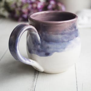 Image of Purple and White Pottery Mug with Warming Lid, Dripping Glazes, 14 Ounce Ceramic Mug, Made in USA