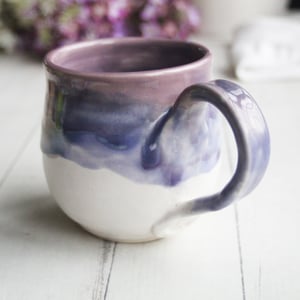 Image of Purple and White Pottery Mug with Warming Lid, Dripping Glazes, 14 Ounce Ceramic Mug, Made in USA