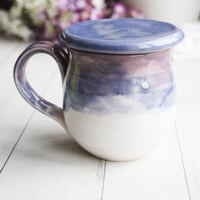 Image 7 of Purple and White Pottery Mug with Warming Lid, Dripping Glazes, 14 Ounce Ceramic Mug, Made in USA