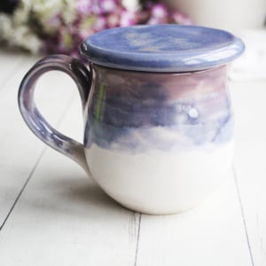 Image of Purple and White Pottery Mug with Warming Lid, Dripping Glazes, 14 Ounce Ceramic Mug, Made in USA