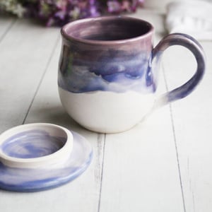 Image of Purple and White Pottery Mug with Warming Lid, Dripping Glazes, 14 Ounce Ceramic Mug, Made in USA